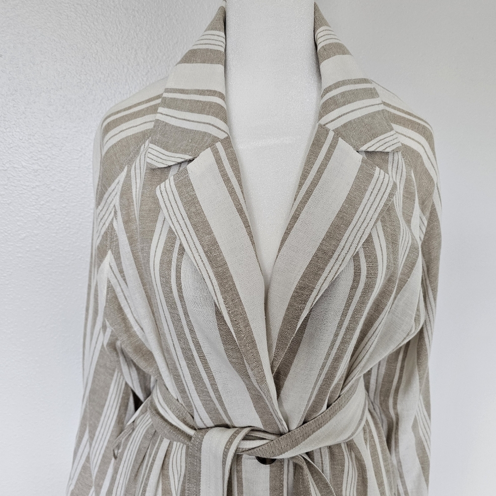GAP Beige and White Striped Tie-Waist Trench Coat